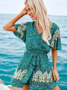 Teal Floral Boho Tie-Waist Romper /  Mini Dress